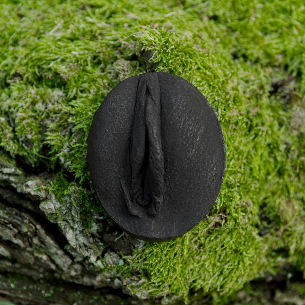 Black  Vulva Soap on a trunk with moss